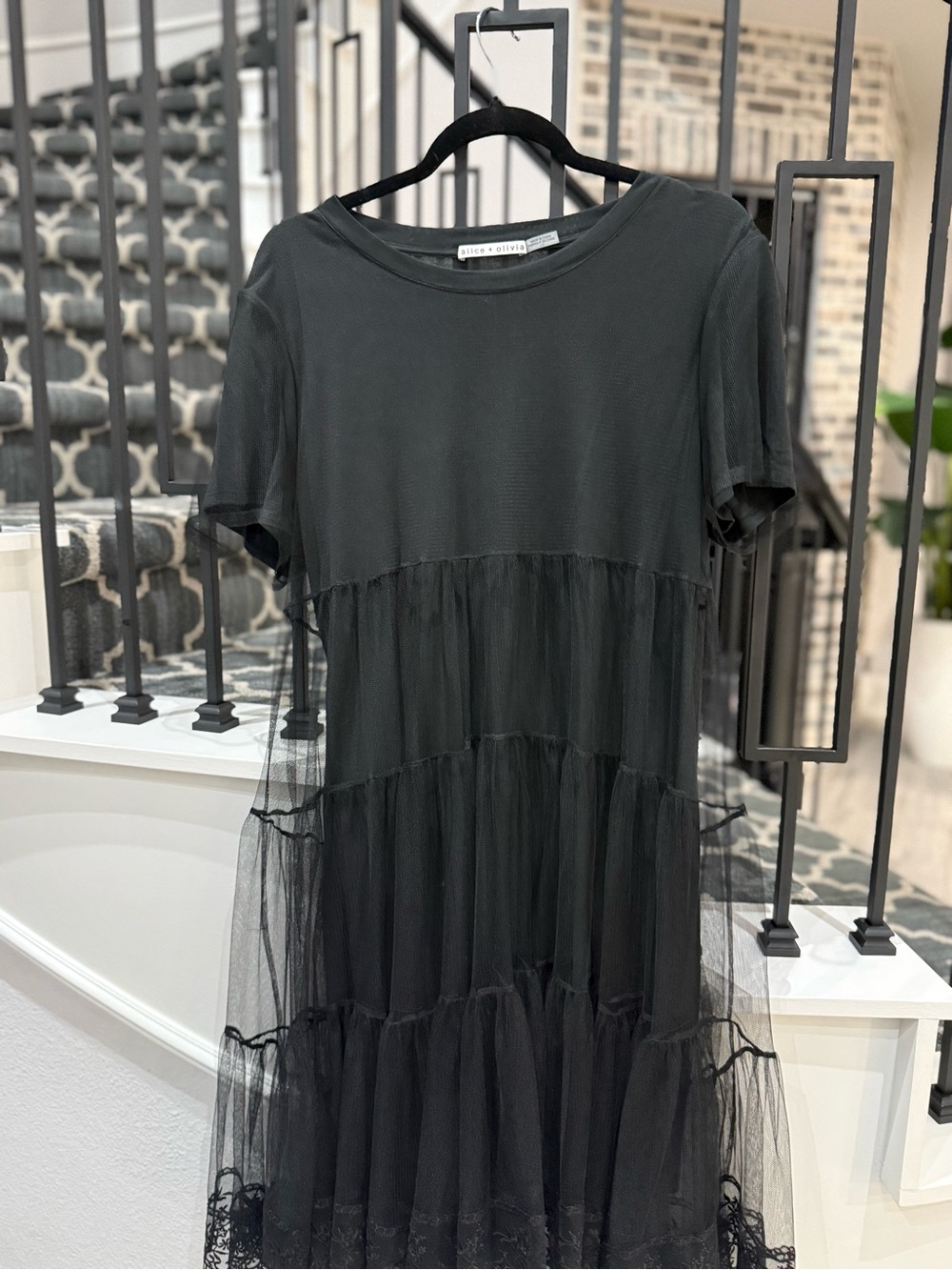 Alice + Olivia Black Tiered Mesh Midi Dress